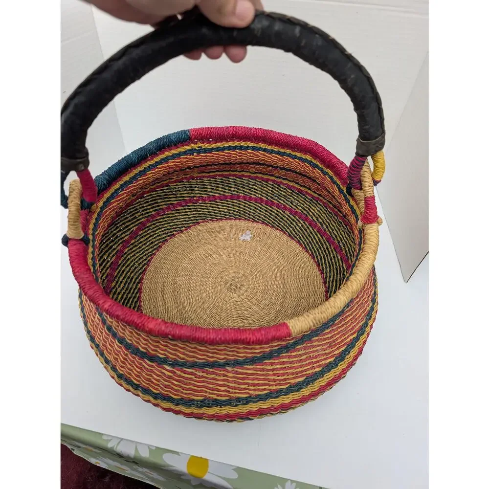 Vintage African Bolga Market Basket, Colorful Woven Ghana Shopping Tote